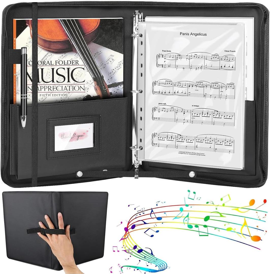 Sheet Music Folder, 13"x10.2" Choral Muisc Folder with Hand Strap, 3 Ring Music Folder with 30 Music Binder Bag Black PU Leather Choir Folders for Marching Band Piano Fits Letter Size 8.5x11 Inch