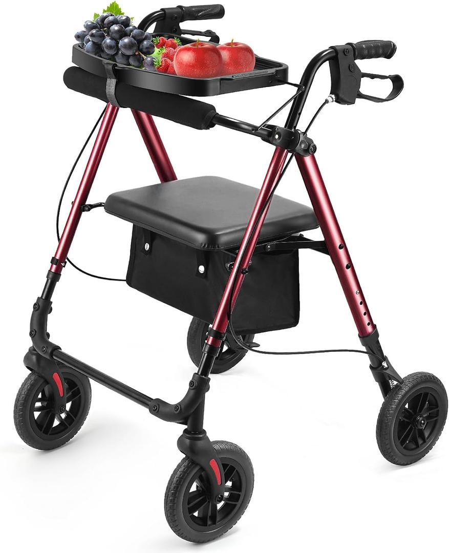 Ambliss Rollator Walker with Seat & Tray,Lightweight Folding Walker for Seniors 8" Large All-Terrain Wheels, 300 lbs Capacity, Dual Height Adjustable Rolling Walker with Cup Holder & Cane Holder