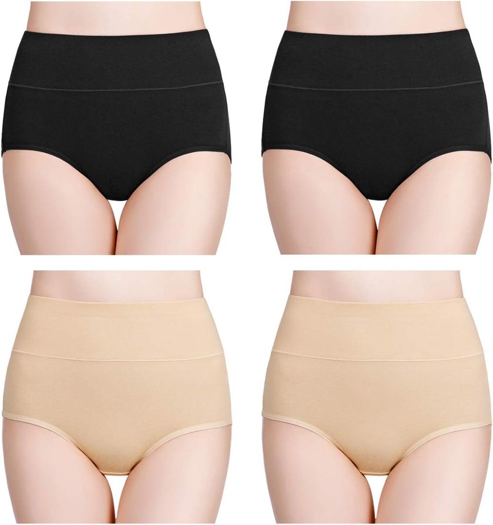 wirarpa Women's Cotton Underwear High Waisted Ladies Panties Full Coverage Briefs 4 Pack (Regular & Plus Size) (X-Large, Black/Beige - Set 4)