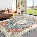 Topllen Ultra-Thin Vintage Area Rug Living Room Rug, Stain Resistant Washable Dining Room Mat Non-Slip Backing for Office Bedroom, Home Decor Rug (Coral Red/ Green, 8'x10')