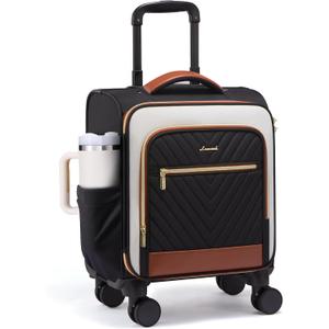 LOVEVOOK Underseat Carry On Luggage Airline Approved, 14 Inch Softside Suitcases with Wheels, Lightweight Spinner Carry on Suitcase with TSA Lock Weekender (Black/White/Brown)