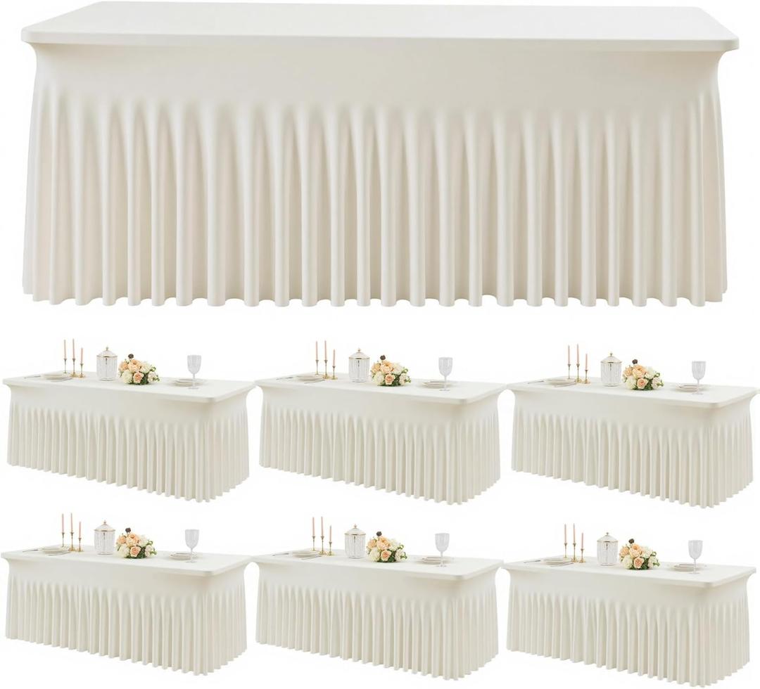 Outpain 8ft Spandex Table Cloth for Standard Folding Tables-6Pack Ivory Table Cloth Table Protector for Party, Wedding, Cocktail, Banquet, Festival