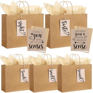 Kolldenn 5 Senses Gift Bags with Tags Kraft Paper Bag for Husband Wife Sight Smell Touch Taste Sound Five Sense Gift Bag Tissue Paper Greeting Card for Him Her Birthday(Brown,12.6 x 4.3 x 9.8 Inch)