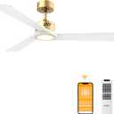 DAMINY Natural Solid Wood White and Gold 52 inch Ceiling Fan with Light,3 Blades,6CCT,Low Profile Ceiling Fan with Light and Remote Control