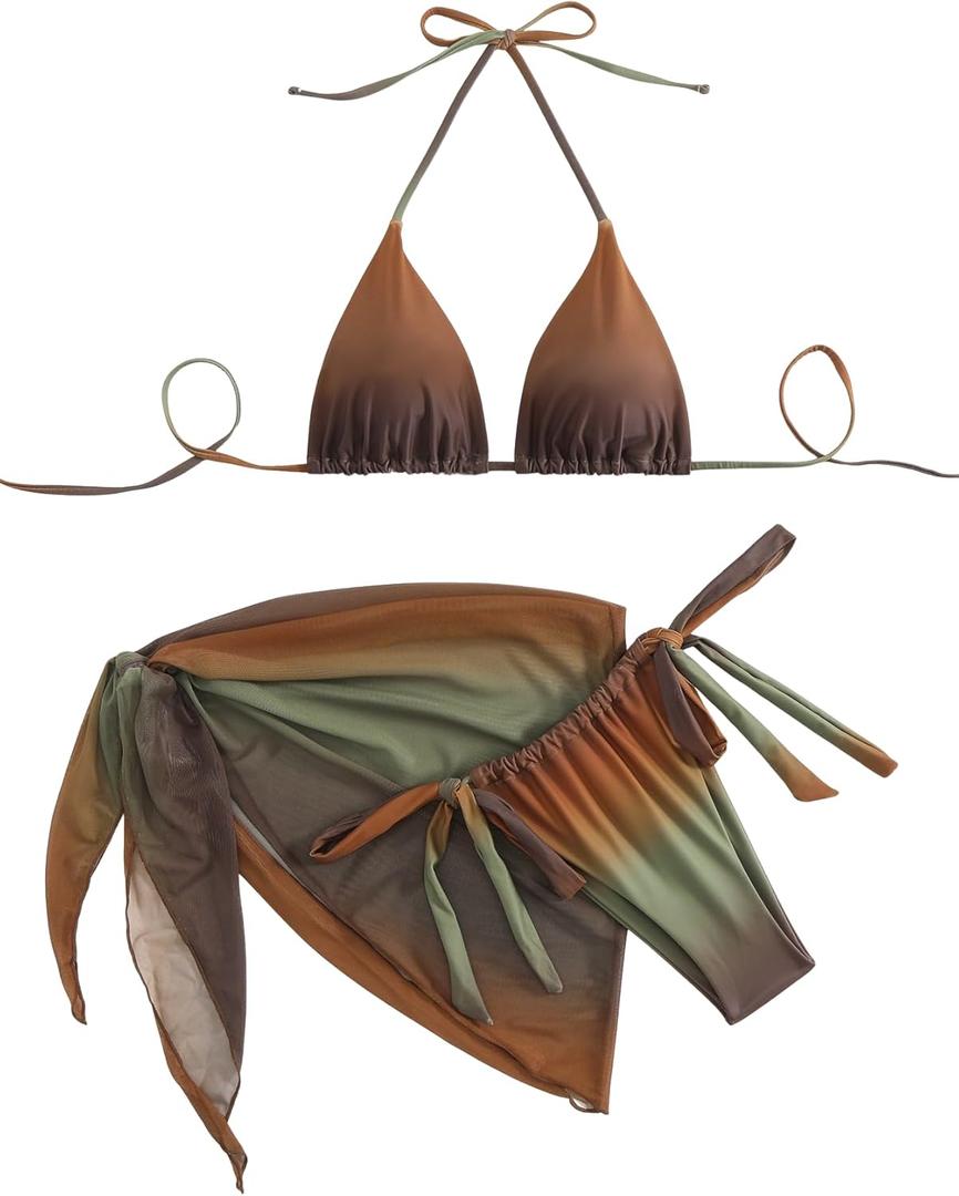 SEGT Women's 3 Piece Swimsuit Triangle Halter Side Tie Thong Bikini Set with Cover Up Skirt (Large, Brown Green Multi)