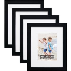 8x10 Wooden Picture Frame Set of 4 (with 5x7 Mat), Solid Wood with Real HD Glass, for Tabletop or Wall Mount, Home Office Photo Frames Collage Wall Dcor, Black