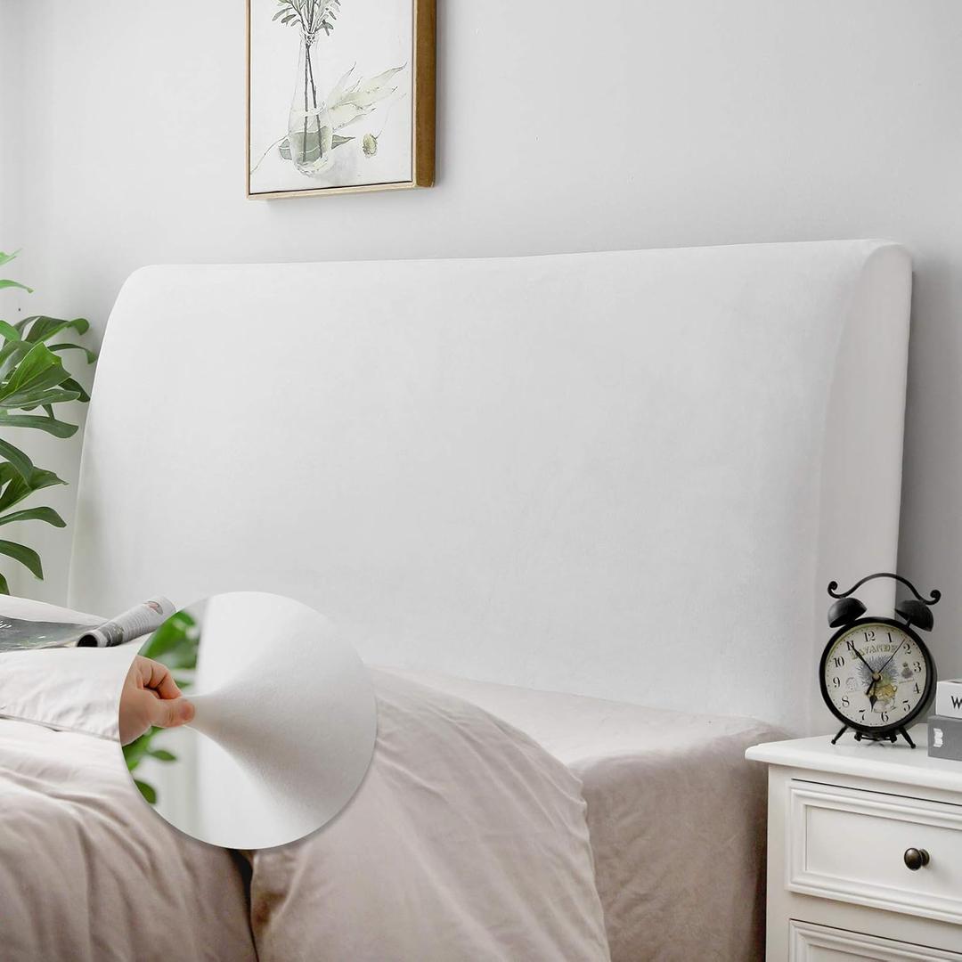 Bed Headboard Cover for Queen, Stretch Bed Head Board Slipcover Covers, Dustproof Protector Velvet Cover for Upholstered Headboard (White, for Queen Headboard (59"-67"))