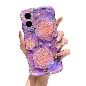 XIZYO Case for iPhone 16, Colorful Retro Oil Painting Flower Cute Floral Aesthetic Curly Wave Frame Laser Glossy Reflective Exquisite Stylish Protective Cover Women Girls-Peony Flower/Purple