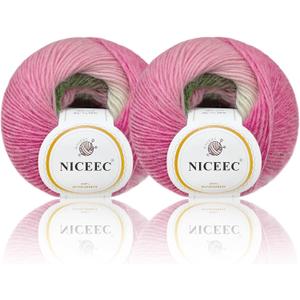 NICEEC 2 Skeins Rainbow Soft Yarn 100% Wool Gradient Multi Color Yarn for Crocheting Knit Total Length 180m2(196yds2,50g2)-6#