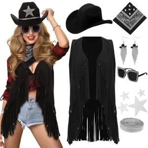 Tiamon Western Costume Accessories for Women Cowgirl Tassels Fringe Vest Cowboy Hat Rhinestone Earrings Glasses Paisley, Size XL