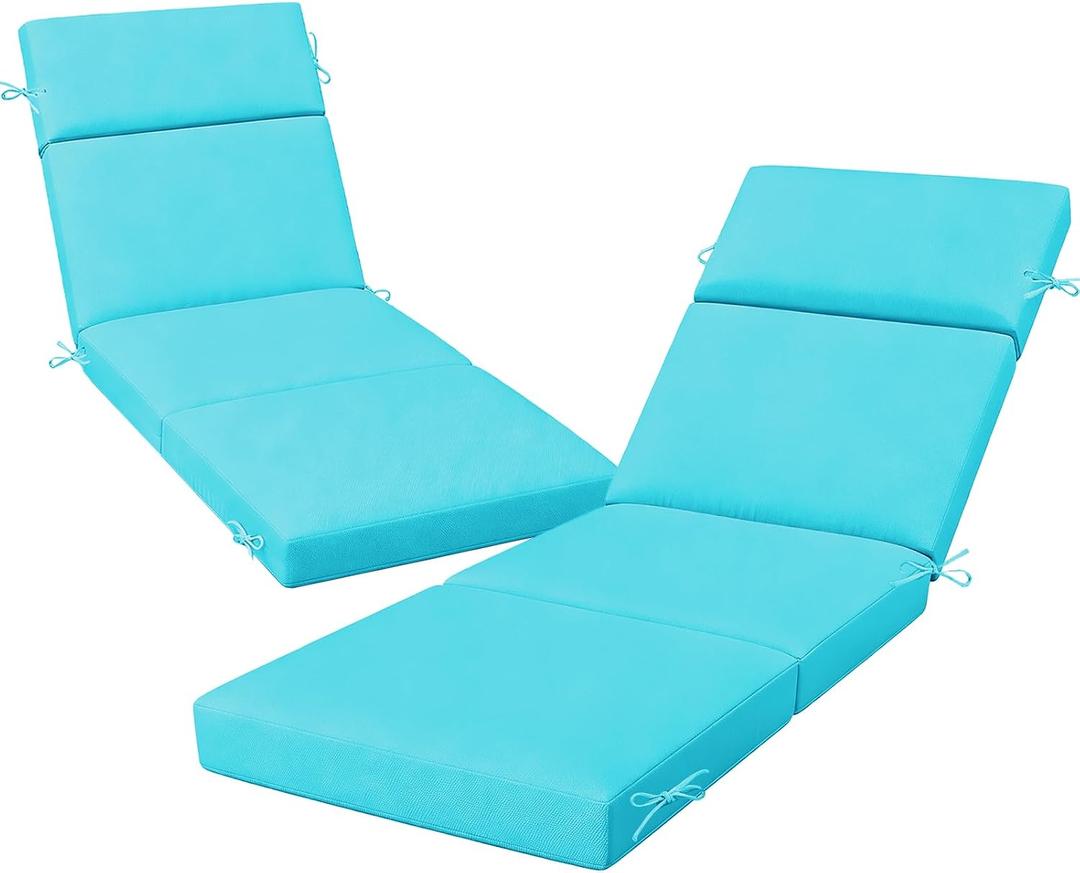2 Pcs Outdoor Chaise Lounge Cushion 72" x 21" x 3", 4-Section Folding Patio Lounge Chair Cushion with Ties, Waterproof & Fade Resistant Replacement Cushion for Pool, Patio, Deck (Teal, 2 Pcs)
