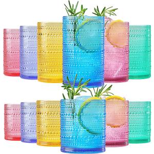 Khen Plastic Hobnail Drinking Glasses Set of 12 Bright Tones Cups 6x 10oz Lowball & 6x 1oz Highball Acrylic Beaded Design, BPA-Free, Dishwasher Safe Indoor/Outdoor Drinkware Water, Juice, Cocktails