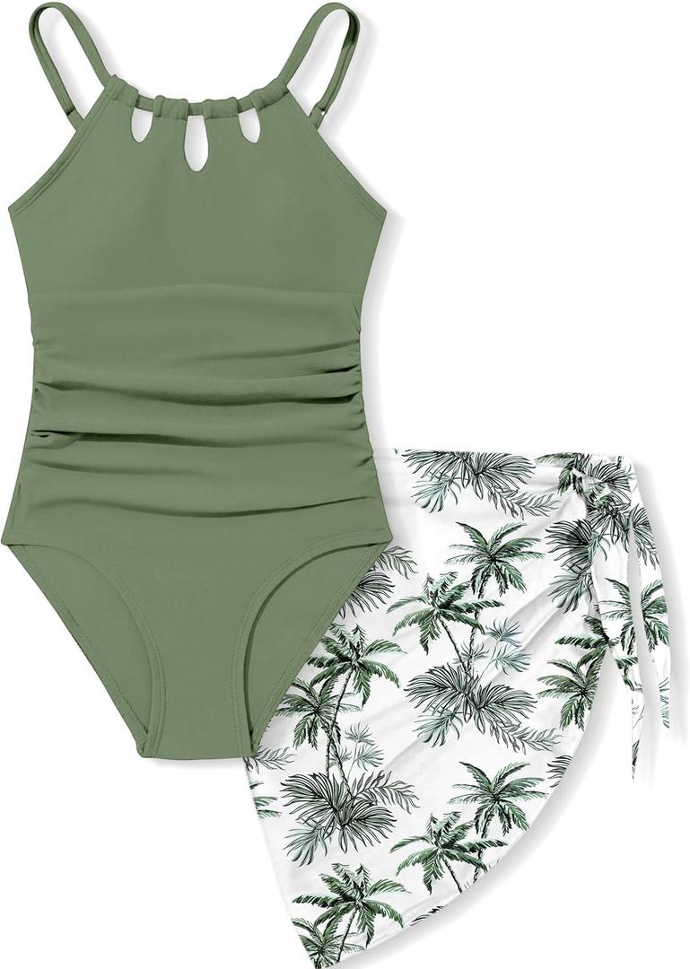 KANGKANG Girls Swimsuit Quick Dry Cut Out One Piece Swimsuits with Tropical Print Cover Up Skirt Bathing Suit Swimwear 7-18Y (13-14 Years, Olive Green-1)