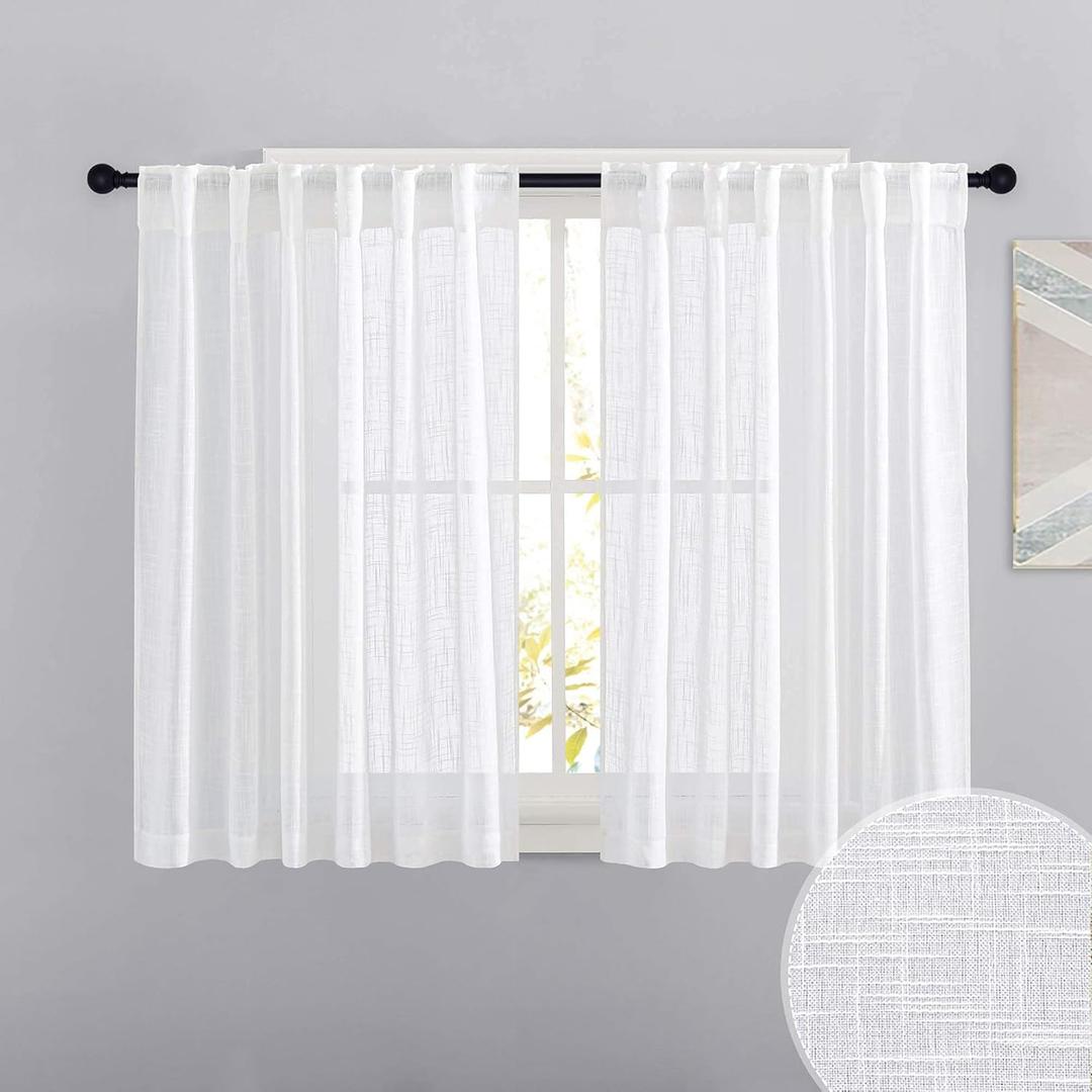 RYB HOME White Curtains for Bedroom - Linen Textured Semi Sheer Curtains Privacy for Bedroom Bathroom Kitchen Dining Office Window, 52 Wide x 45 inches Long, 2 Pcs RYB HOME White Curtains for Bedroom - Linen Textured Semi Sheer Curtains Privacy for Bedroom Bathroom Kitchen Dining Office Window, 52 Wide x 45 inches Long, 2 Pcs