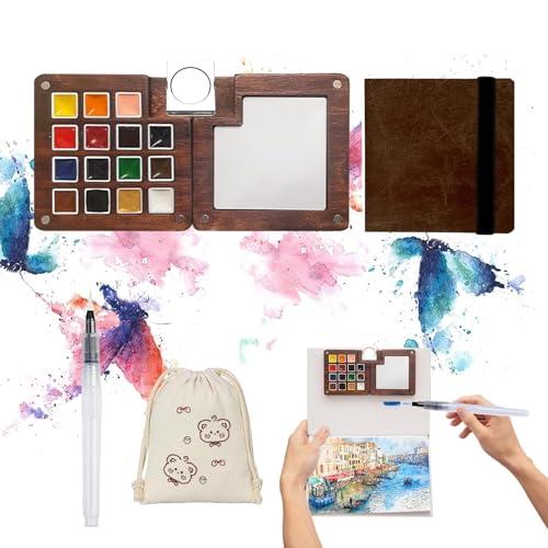 Mini Paint Palette Travel Kit - Mini Travel Watercolor Palette Set, Pocket Artist Water Color Travel Set with Colors, Watercolor Book, Binder Clips, Pens, Wooden Paint Box for Painters Artists Student