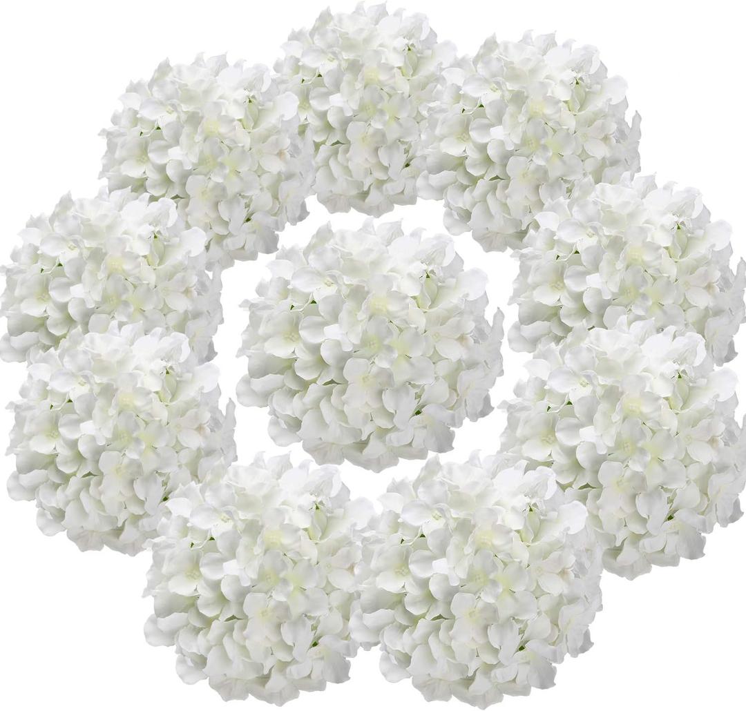 Flojery Silk Hydrangea Heads Artificial Flowers Heads with Stems for Home Wedding Decor, Pack of 10 (White)