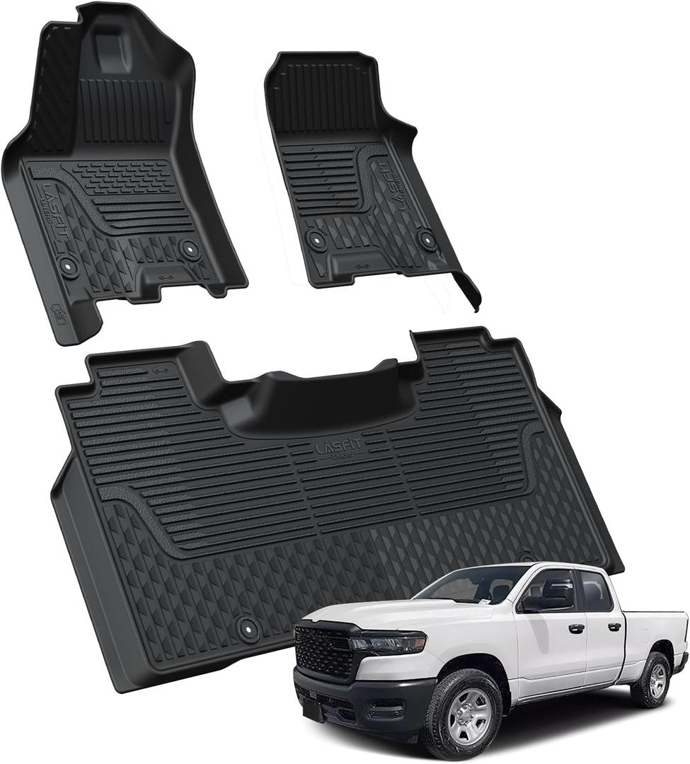 LASFIT Floor Mats for Ram 1500 Crew Cab 2025 2026 with Rear Under-Seat Factory Storage Bucket Seat, All Weather TPE Custom Fit Car Mats Floor Liners 1st & 2nd Row, Black