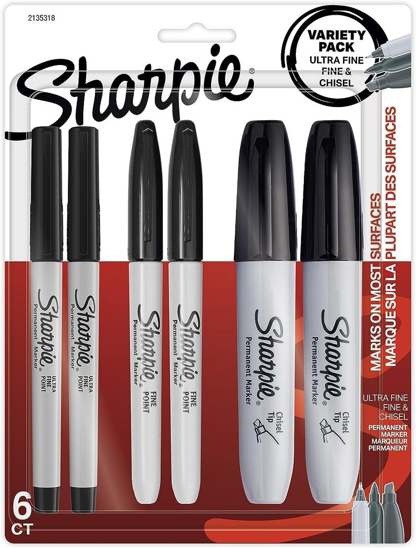 SHARPIE Chisel-Point Markers, Black, 6 Count Ultra-Fine, and Permanent Markers Variety Pack,6 Count (Pack of 1)