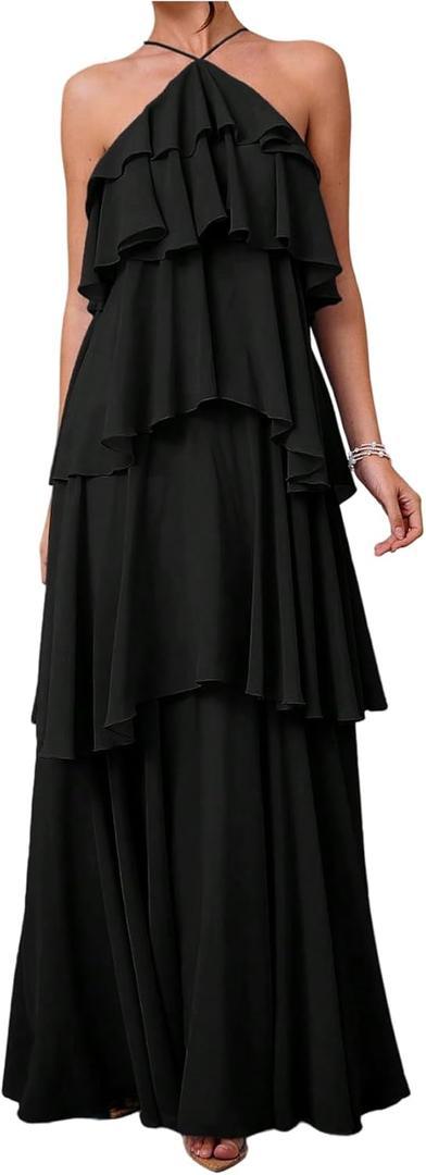 SOLY HUX Women's Sundresses Ruffle Layered Halter Flowy Maxi Dress Elegant Wedding Guest Dresses (Plain Black, Small)