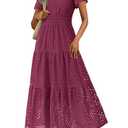 PRETTYGARDEN Womens 2025 Summer Maxi Dress Short Sleeve V Neck Hollow Out Eyelet A Line Long Flowy Beach Vacation Dresses (Wine Red,Small)