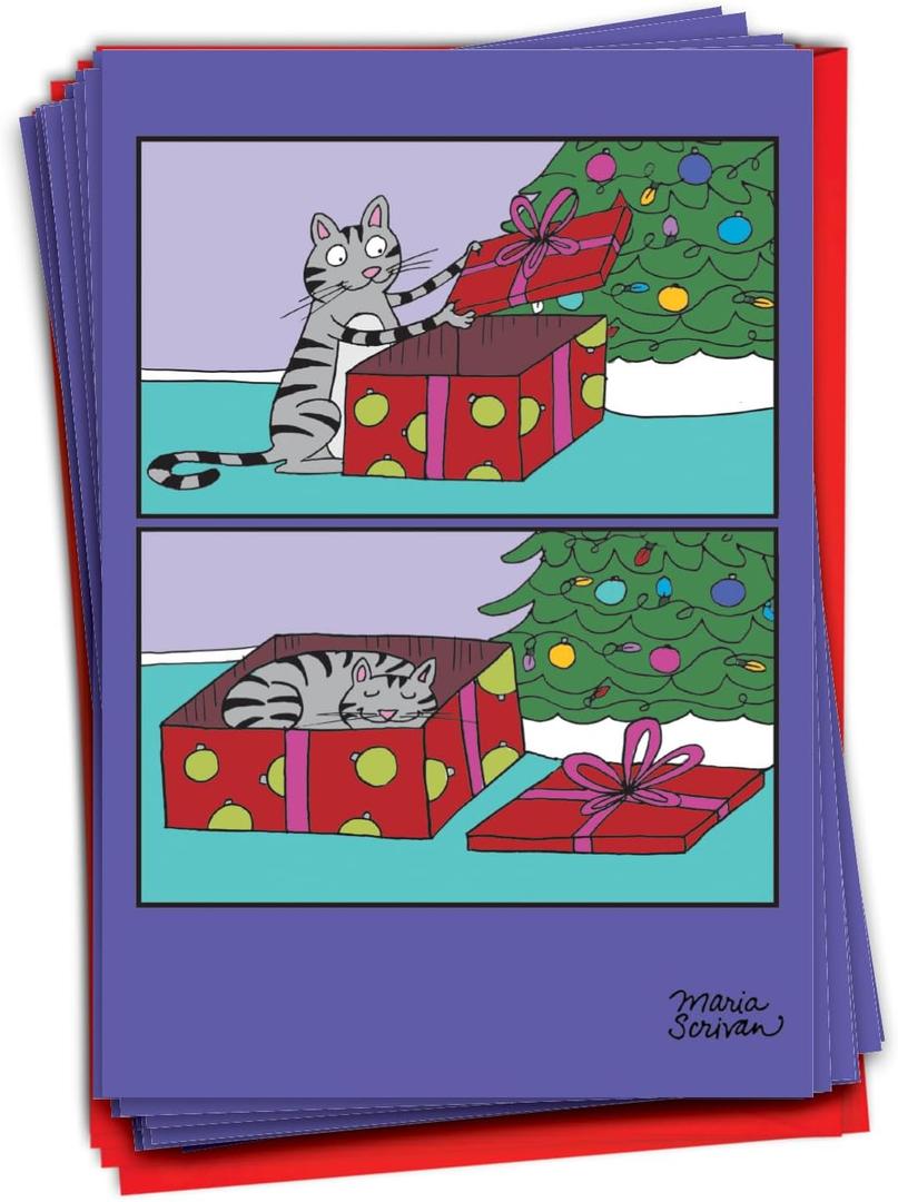 NobleWorks 36 Humorous Christmas Greeting Cards Box Set with 5 x 7 Inch Envelopes For Men and Women (1 Design, 36 Each) Cat Present C1187XSG-B36x1