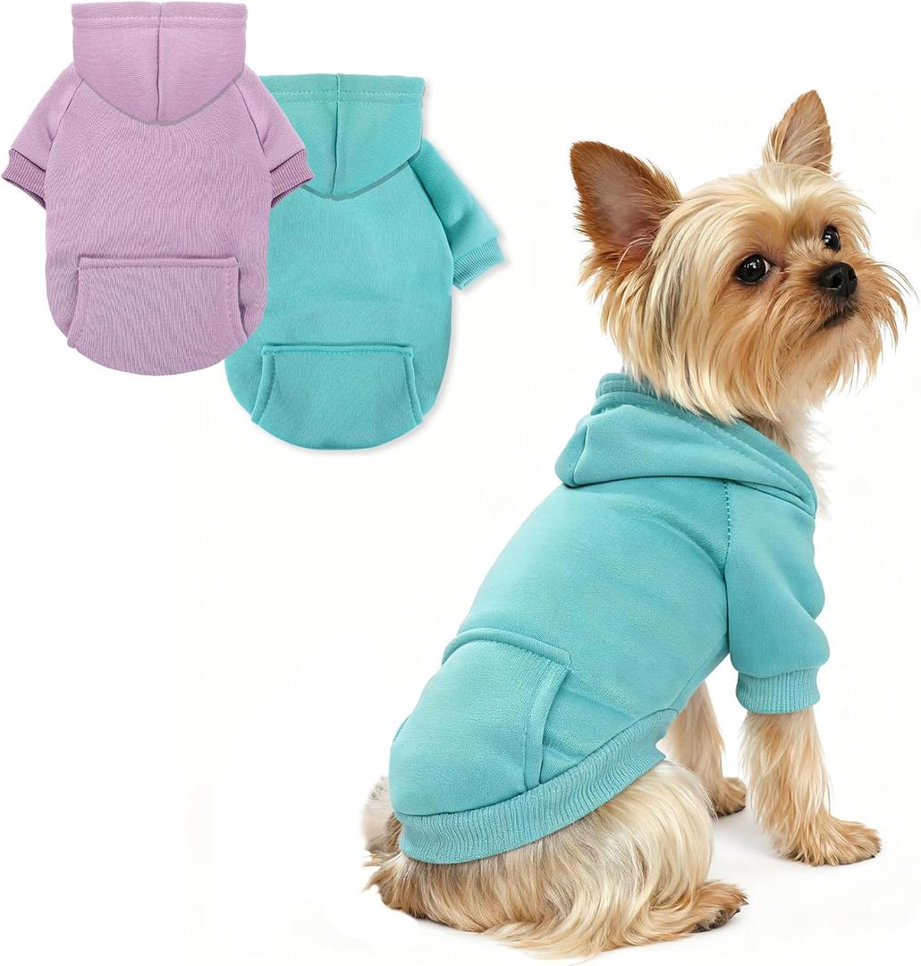 2 Pieces Dog Hoodies for Small Dogs, Cute XXS Dog Sweaters with Hood, Classic Puppy Sweatshirt with Pockets, Winter Pet Clothes with Fleece Lined, for Tiny Doggie Like Chihuahua Yorkie, Blue Purple (Lavender+Cadet Blue)