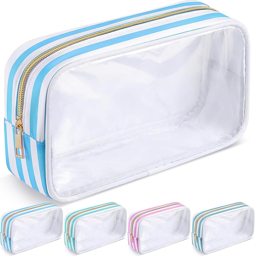 Kacctyen Clear Nylon Makeup Bag Preppy Cosmetic Bag Transparent Toiletry Pouch with Zipper Travel Skincare Toiletry Pouch Portable Cute Preppy Pencil Case for Girls Women School Stuff(Blue Stripe)