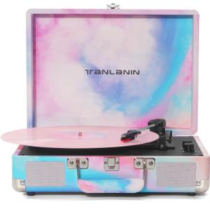 Watercolor Vinyl Record Player with Treble & Bass Control, Vintage 3-Speed Bluetooth Suitcase Portable Turntables with Built-in Speakers, 33 45 78 RPM LP Player Support RCA/AUX/Headphone Jack, Blue