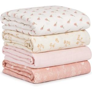 Muslin Swaddle Blankets for Newborn, 4 Pack Cotton Baby Blankets for Girls, Large 31.5 x 43.3 Breathable Soft Receiving Blanket, Essentials Swaddle Wrap Burping Clothes, Flowers