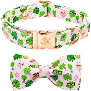 Elegant little tail St Patrick's Dog Collar, Cute Colver Cotton Shamrock Pet Collar Trefoil Soft Puppy Collar Pink Holiday Adjustable Cotton Pet Collar with Bow for Small Medium Large Dogs