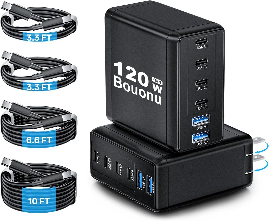 2 Pack USB C Charger Block with 4 USB Cables 120W GaN Type C Charger Fast Charging Block 6 Port Foldable for iPhone 17/16 Series, Pixel, iPad, Samsung Galaxy Series (Black)