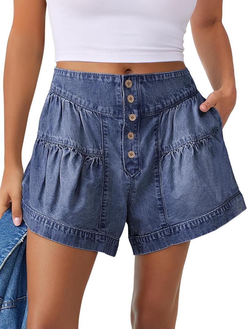 ANRABESS Women's Denim Shorts Summer Baggy High Waisted Flowy Wide Leg Buttons Pleated Casual Jean Shorts 2026 Fashion Skorts (X-Large, Blue)