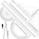 Geometry Set - 7Pcs Geometry Kit with Clear Plastic Ruler 12Inch & 6Inch, Triangle Ruler, Protractor and Compass Set for School Office Math Drawing Drafting Engineering Architecture Art