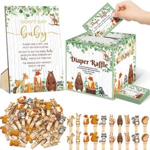 102 Pcs Baby Shower Game Supplies Diaper Raffle Tickets with Diaper Raffle Card Box Don't Say Baby Sign Mini Clothespin Baby Shower Game Decor for Baby Shower Gender Reveal(Animal)