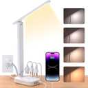One Beat Small LED Desk Lamp Power Strip 5ft Extension Cord with 3 Outlets 4 USB Ports(2 USB C), 4 Modes, 5 Level Touch Lamp Study Reading Light, Home Office Bedroom College Dorm Room Essentials,White
