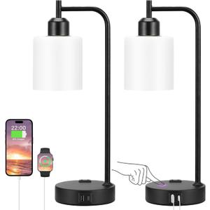 Industrial Touch Bedside Lamps for Bedrooms Set of 2 - 3-Way Dimmable Nightstand Lamps with USB C+A Ports and Outlet, Table Lamps with Opal Glass Shade for Living Room, Desk Lamps for Home Office