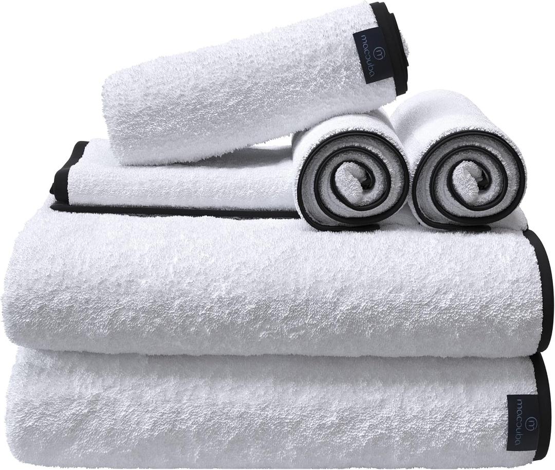 Macouba Bath Towel Set of 6  White Bath Towels with Black Trim - 2 Bath, 2 Hand, 2 Face, Black and White Bath Towels  100% Cotton, 600 GSM, Soft & Absorbent Towels for Bathroom