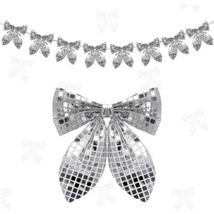 9.84ft 1 String of 8 Disco Bows Garland 7 x 6.7 Inches Disco Mirror Bow Hanging Banner Decorations for Christmas Tree Mantle Fireplaces Wall Holiday Birthday Bridal Shower Wedding Engagement