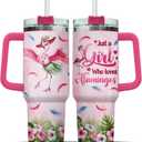 Red Steel Women Adults For Coffee Flower Tumblers Stainless Rose Simple Handle Quartz, Tumbler 40 Oz With Handle Lid And Straw, Funny Flamingo Tropical Floral, Flamingo Gifts