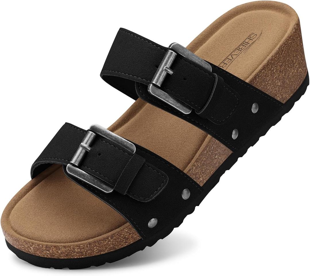 SHIBEVER Womens Wedge Sandals Comfortable: Slip on Platform Sandals Dressy Casual Arch Support Summer Cork Footbed Outdoor Shoes 2026 Black 7.5 (Black)