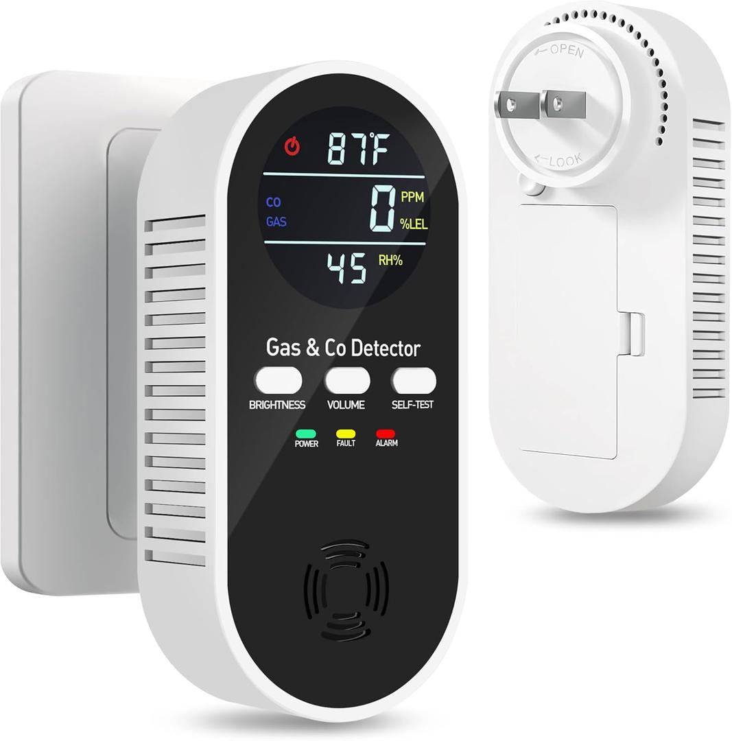 5-in-1 Carbon Monoxide Detectors Plug in with Battery Backup  Natural Gas, Propane & CO Alarm with Dual Sensor, Temperature & Humidity Display for Home, RV, Travel, 1 Packs