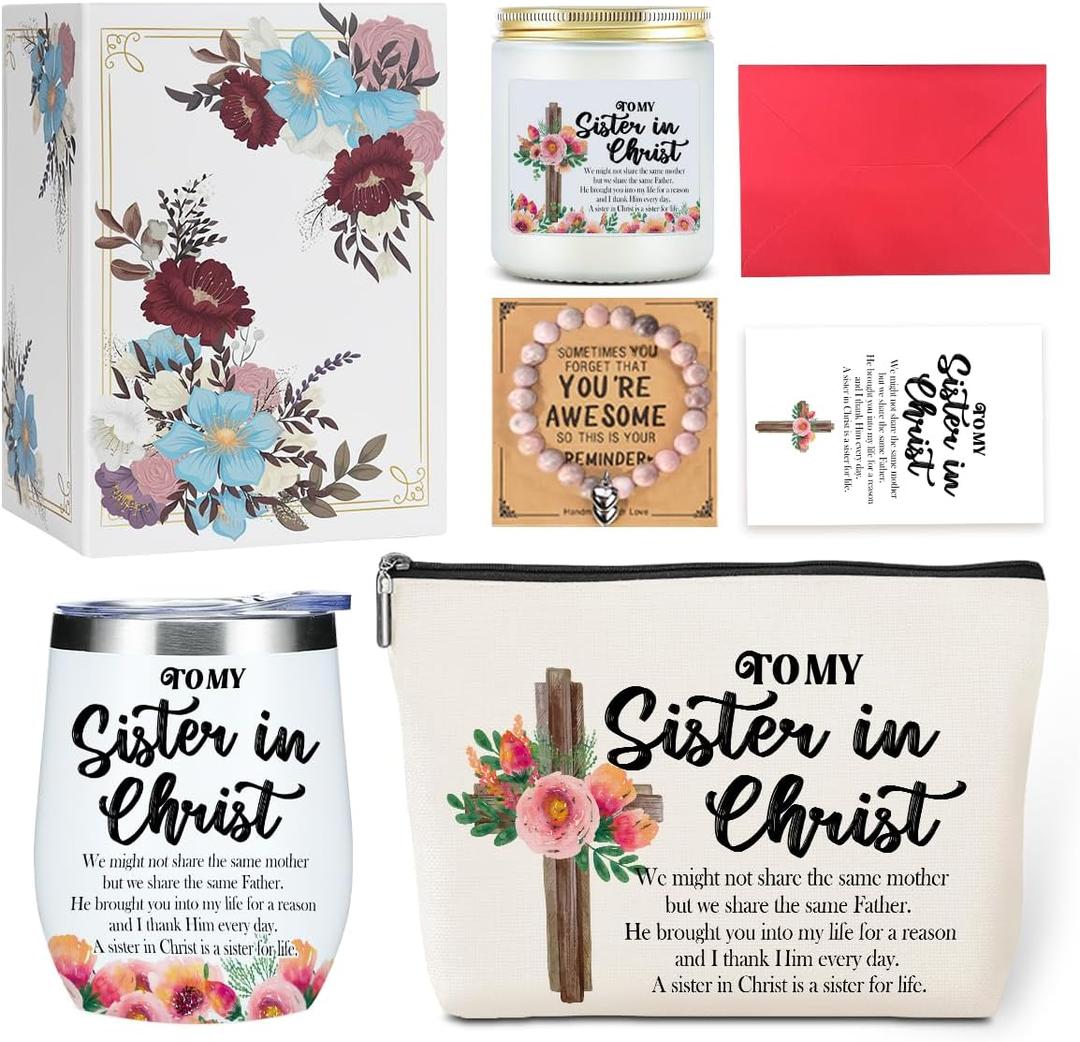 Inspirational Christian Gifts for Women, Best Friends Bestie Soul Sisters, Sister Birthday Gifts, Sisters Gifts from Sister, Christmas Religious (12oz Tumbler Makeup Bag Candle Bracelet Card Set)