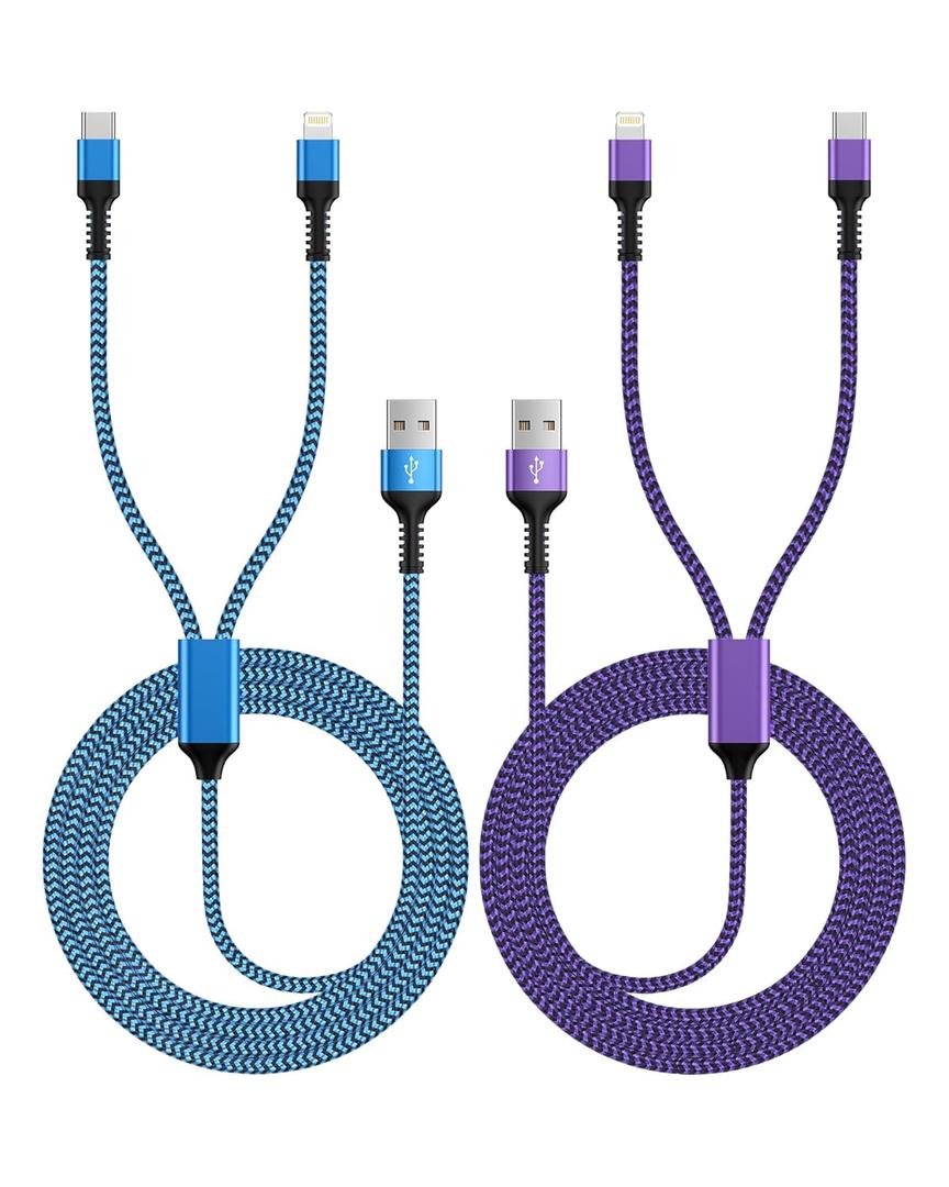 Multi Charging Cable 2-in-1, 4FT Long Multiple Charger Cord USB to Lightning & Type C Port Apple and Android Braided Charging Wire for iPhone 17 16 15 Pro Max 14 13 12 8Plus, iPad Air/mini, Galaxy (Blue, Purple)