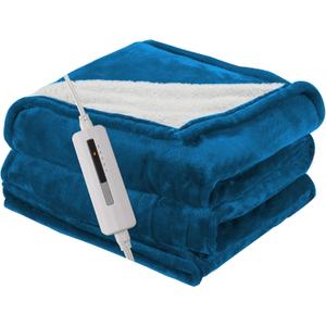 RALYSUN Electric Blanket Twin Size 62" x 84", Thickened Flannel and Sherpa Heated Blanket,10 Hours Timer Auto-Off,5 Heating Levels, Machine Washable, Lake Blue&White