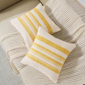 ORTIGIA Boho Decorative Throw Pillow Covers 18x18 Set of 2 Striped Linen Couch Farmhouse Textured Neutral Pillowcase for Home Decor Sofa Bed Living Room Bedroom Outdoor Yellow
