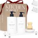 Luxe White Kitchen Soap Dispenser Set with Tray and Dish Brush, Refillable Hand and Dish Soap Dispenser Set Bottles with Pump for Lotion Handsoap Liquid Dishwashing Kitchen and Bathroom Countertop Set