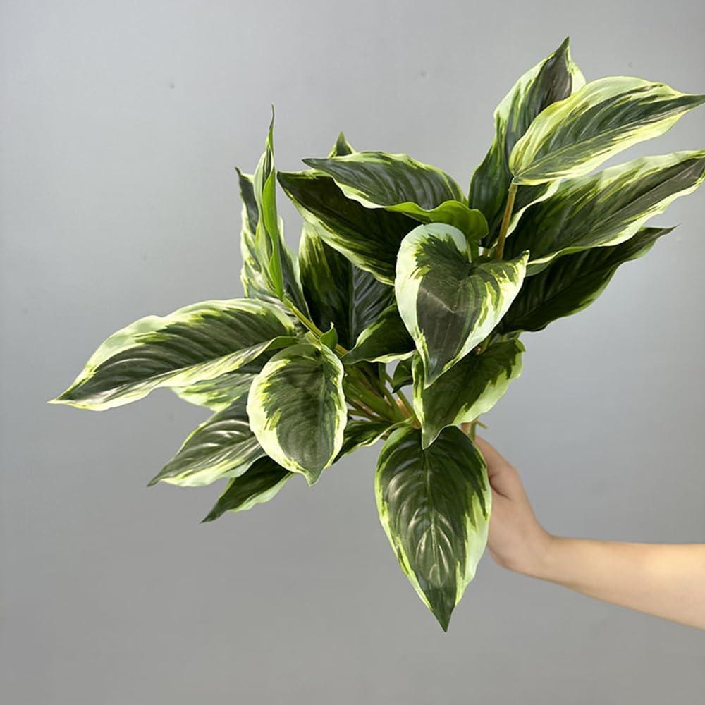 2 Packs Variegated Hosta Artificial Plant 17.7" Faux Green Dieffenbachia Greenery Plants Outdoor Shrubs for Indoor Office Porch Yard UV Resistant Planter Filler (2)