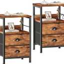 Furologee Night Stand Set of 2, Nightstand with 2 Fabric Drawers, Bed Side Table with Open Shelf, Wooden Top, Hooks, Backboard Design, End Table for Bedroom, Study, Hallway, Brown