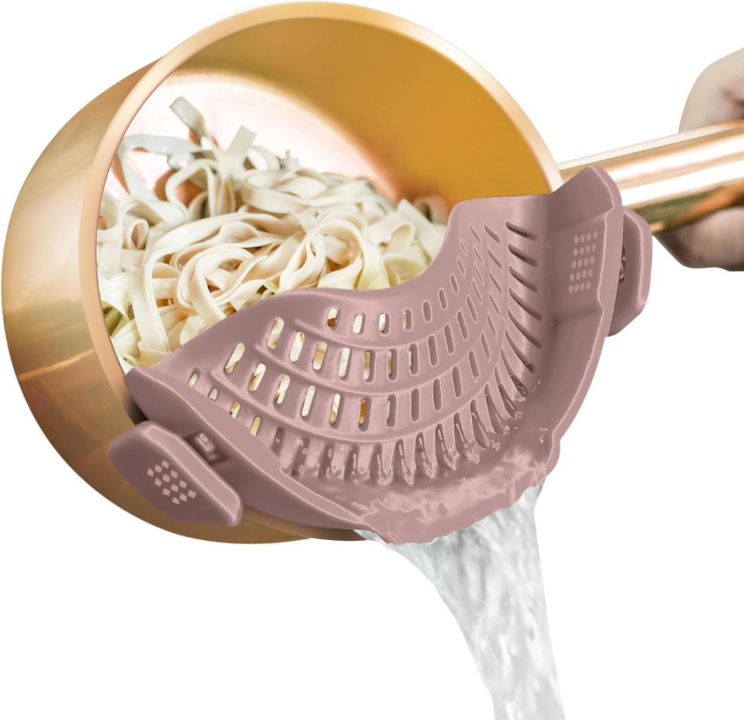 AUOON Clip on Strainer for Pots and Pans - Silicone Food Strainer for Draining Pasta, Spaghetti, Noodles, Fruits, Vegetables, Grease, Ground Beef (Almond Rose) (Standard 8.86 x 3.55 in)