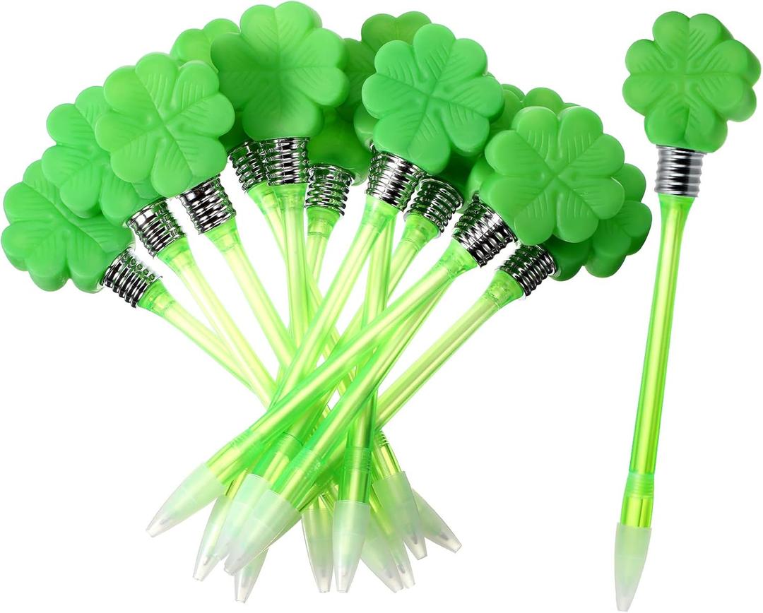 Zonon St. Patrick's Day Pens Shamrock LED Ballpoint Pens Four Leaf Clover Flashing Black Gel Ink Pen Glow in the Dark Pens Birthday Presents Office Supplies(12 Pieces)